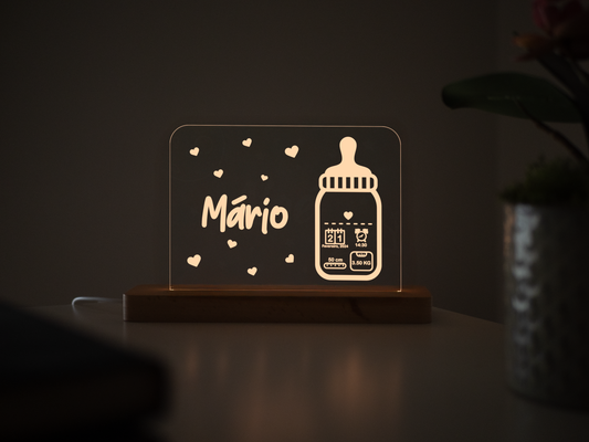 Candeeiro LED Biberão personalizável com base em madeira e controlo de intensidade