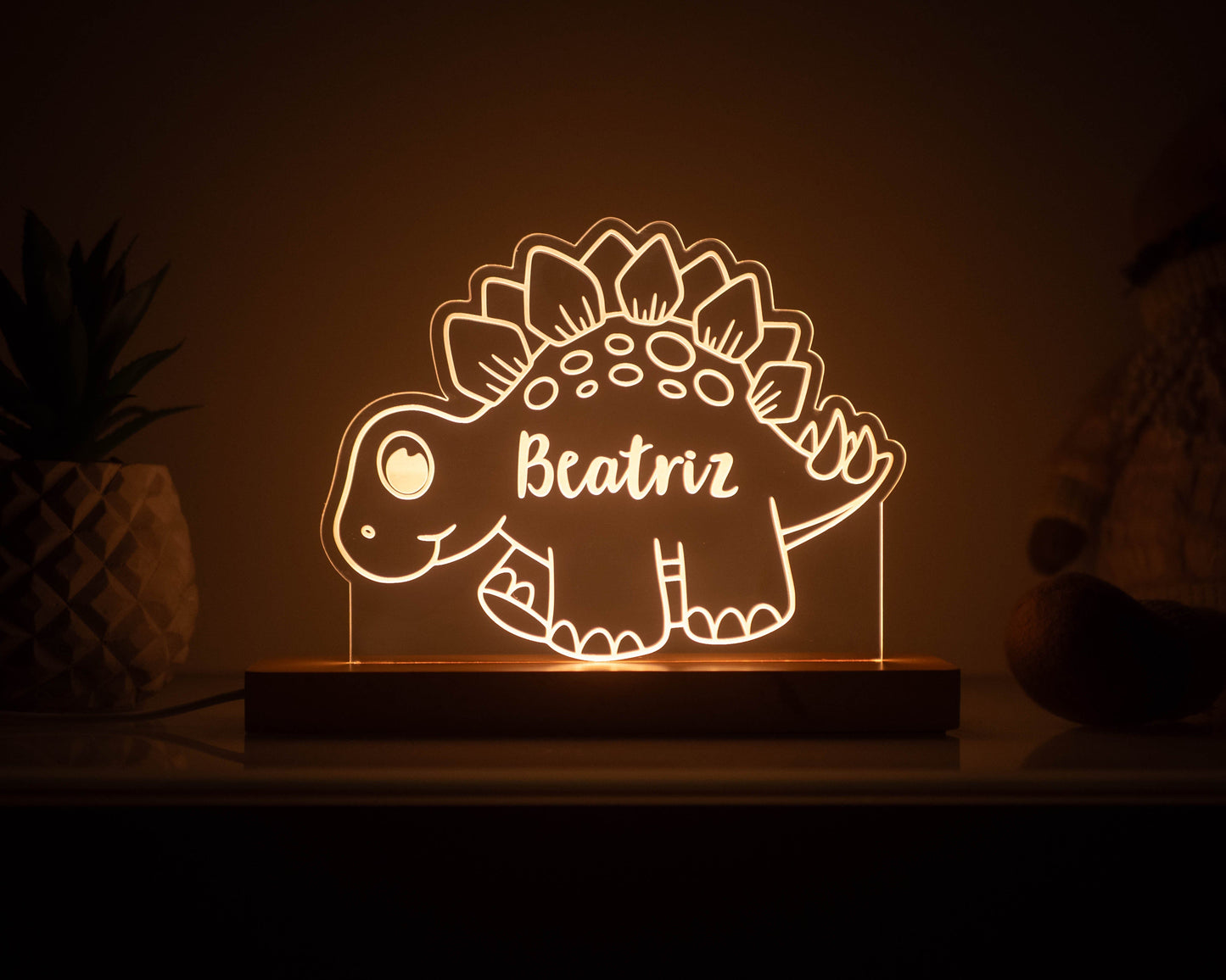 Candeeiro LED Dinoussauro personalizável com base em madeira e controlo de intensidade