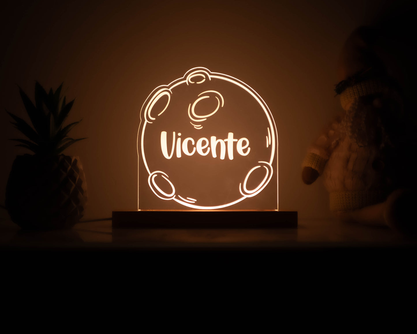 Candeeiro LED Lua personalizável com base em madeira e controlo de intensidade