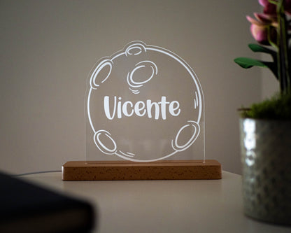 Candeeiro LED Lua personalizável com base em madeira e controlo de intensidade
