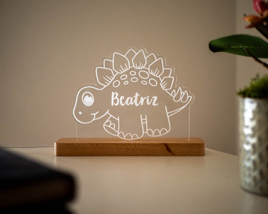 Candeeiro LED Dinoussauro personalizável com base em madeira e controlo de intensidade