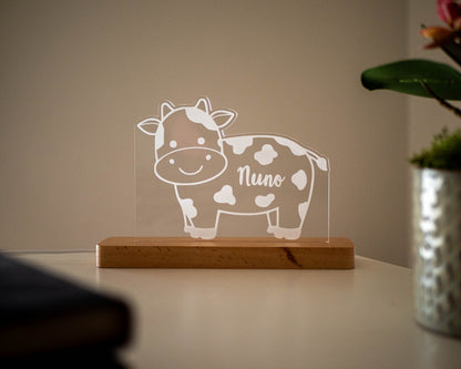 Candeeiro LED Vaca personalizável com base em madeira e controlo de intensidade