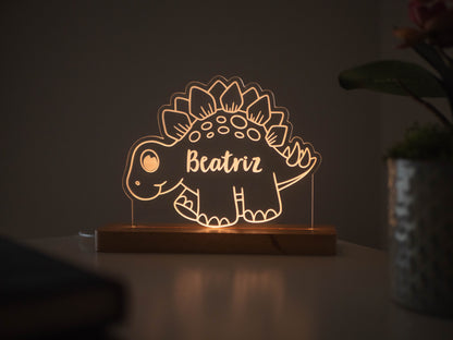 Candeeiro LED Dinoussauro personalizável com base em madeira e controlo de intensidade