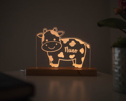 Candeeiro LED Vaca personalizável com base em madeira e controlo de intensidade