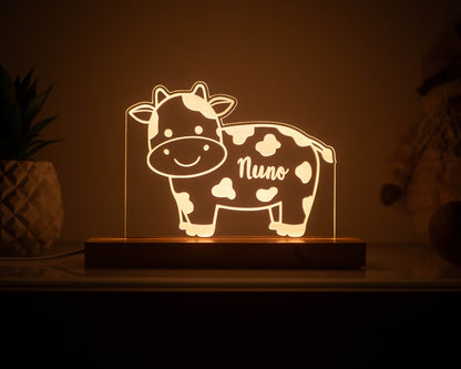 Candeeiro LED Vaca personalizável com base em madeira e controlo de intensidade